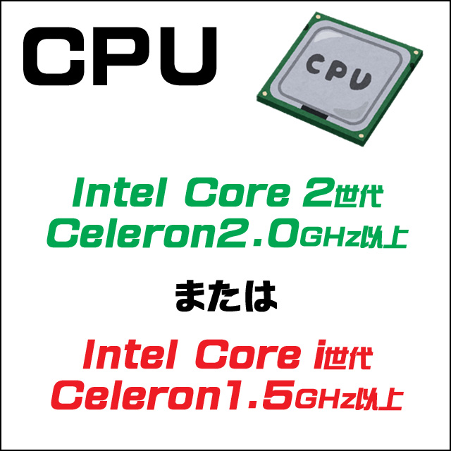 CPU★Intel Core 2世代Celeron2.0GHz以上またはIntel Core i世代Celeron1.5GHz以上
